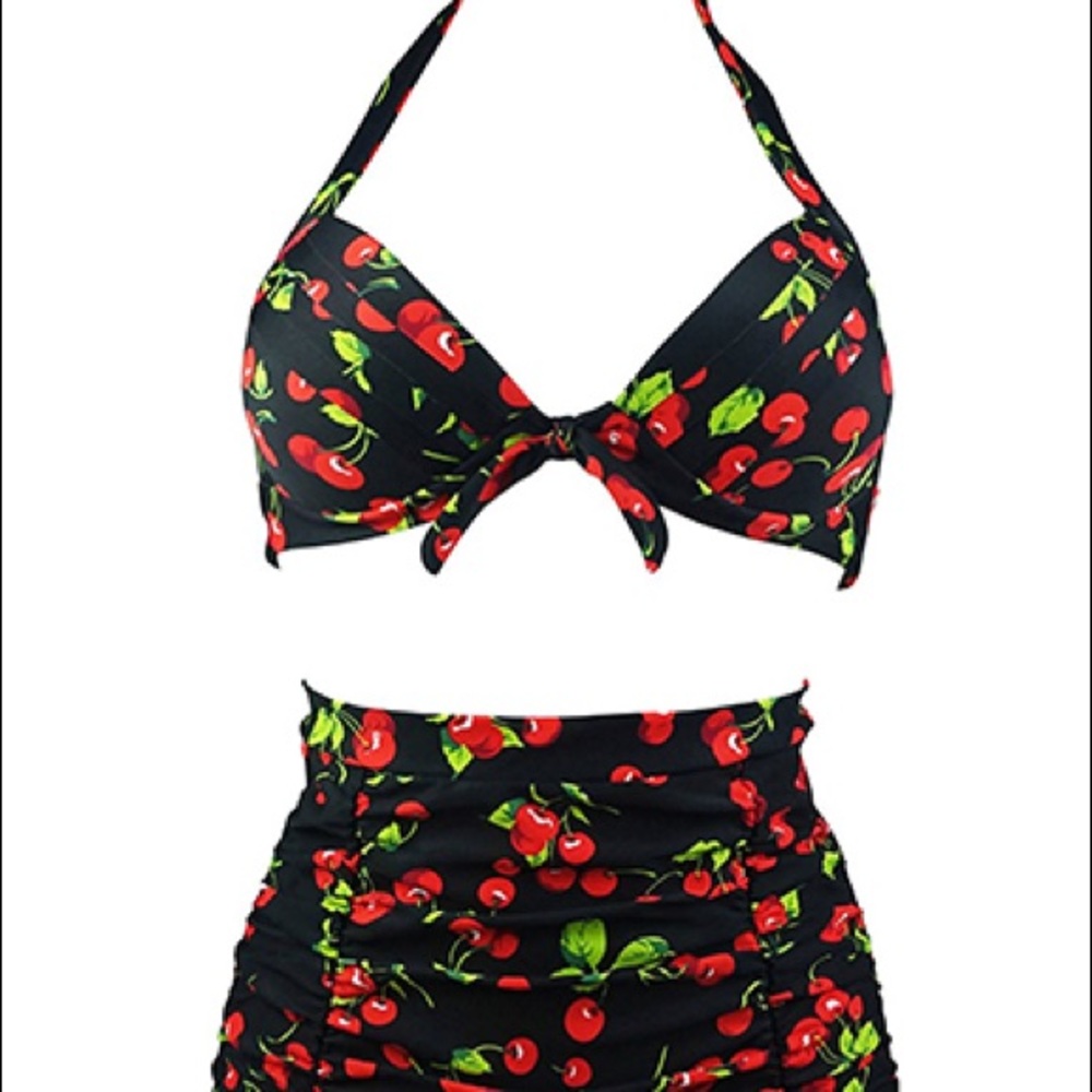 Cherry on black high waist bathing suit